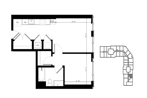 Floor plan for 1 bed, 1 bath, 700 sqft